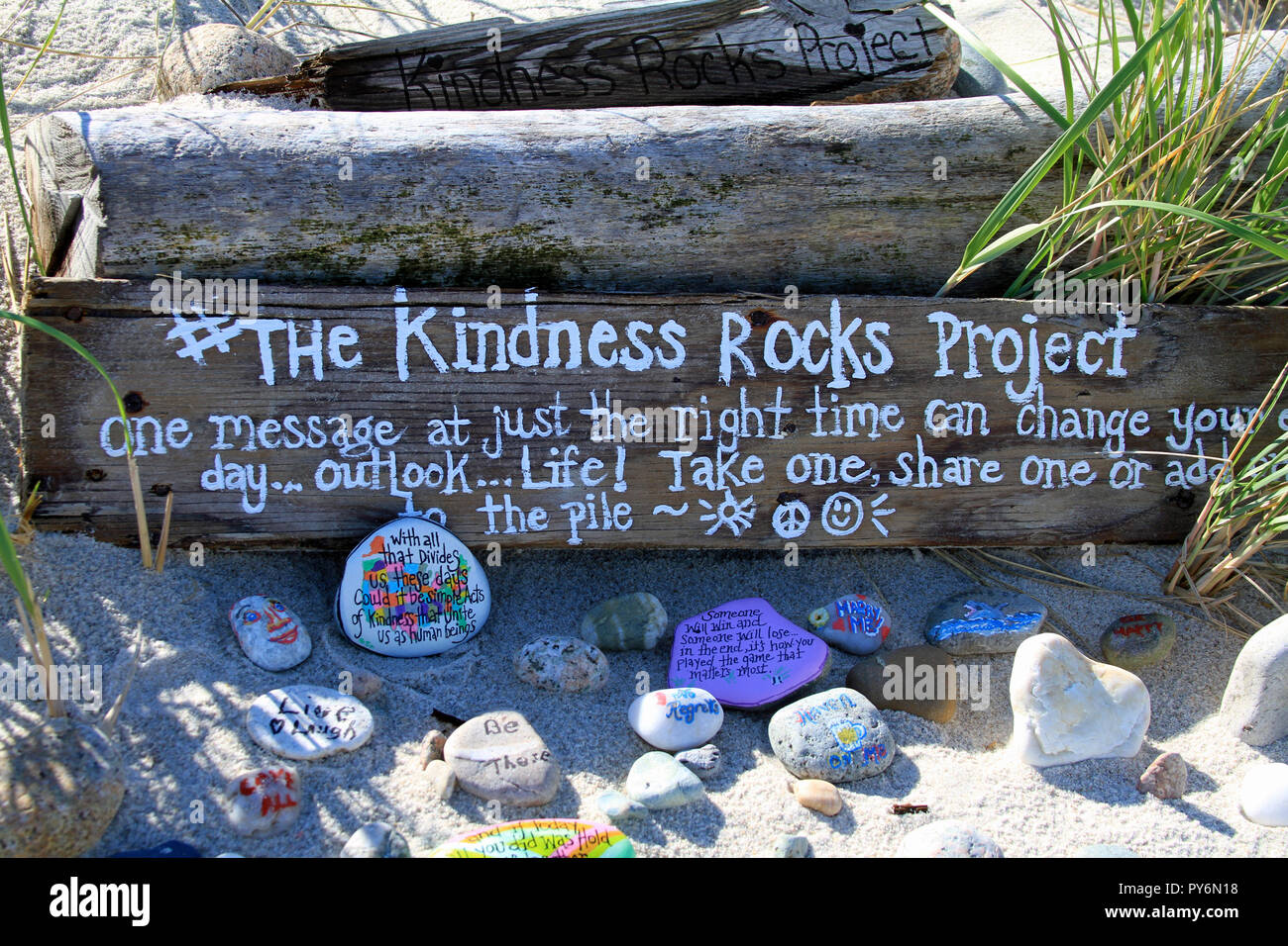 The Kindness Rocks Project at Sandy Neck Beach in Sandwich, Massachusetts, on Cape Cod Stock Photo