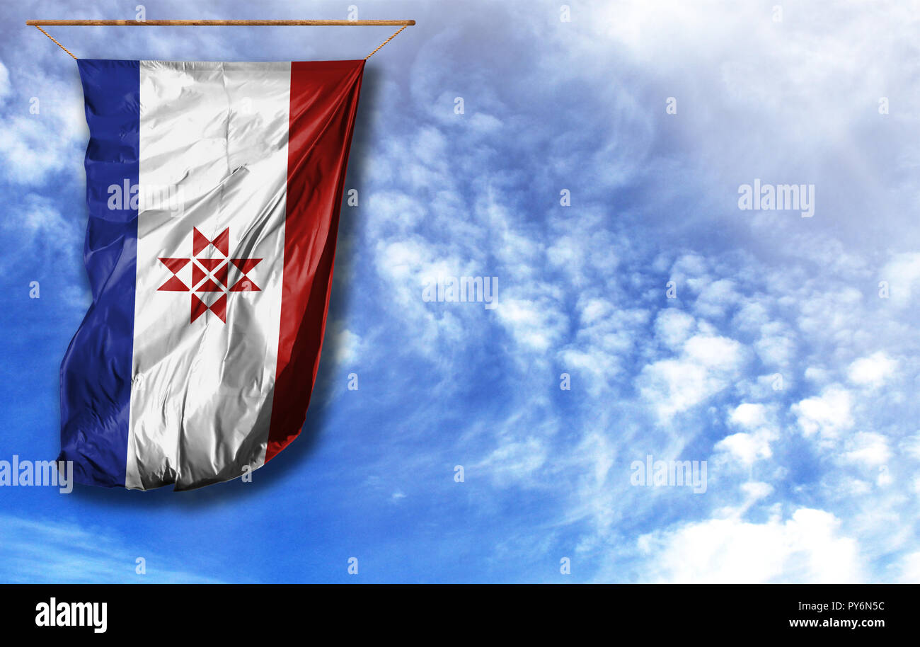Flag of Mordovia. Vertical flag, against blue sky with place for your text Stock Photo