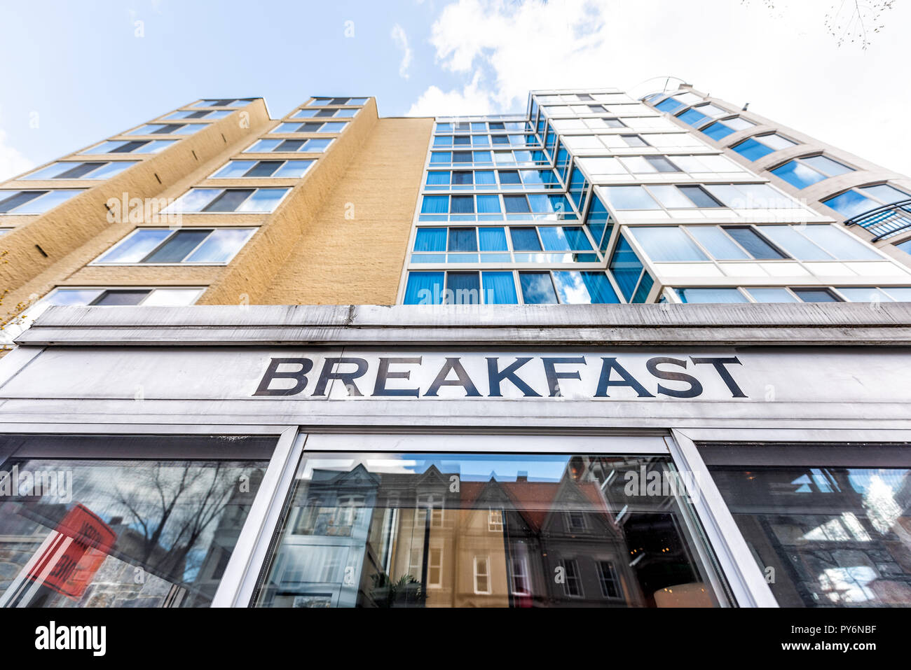 Washington DC, USA March 9, 2018 Breakfast sign closeup on building