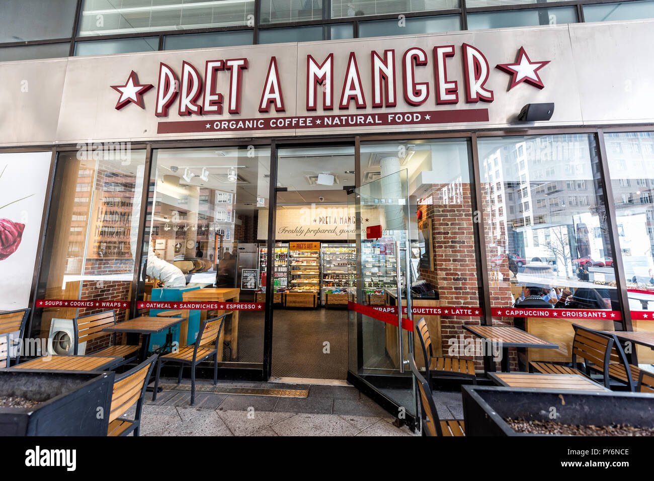 Washington DC, USA - March 9, 2018: Pret A Manger cafe restaurant sign closeup on building in capital city, exterior, in Farragut West Stock Photo