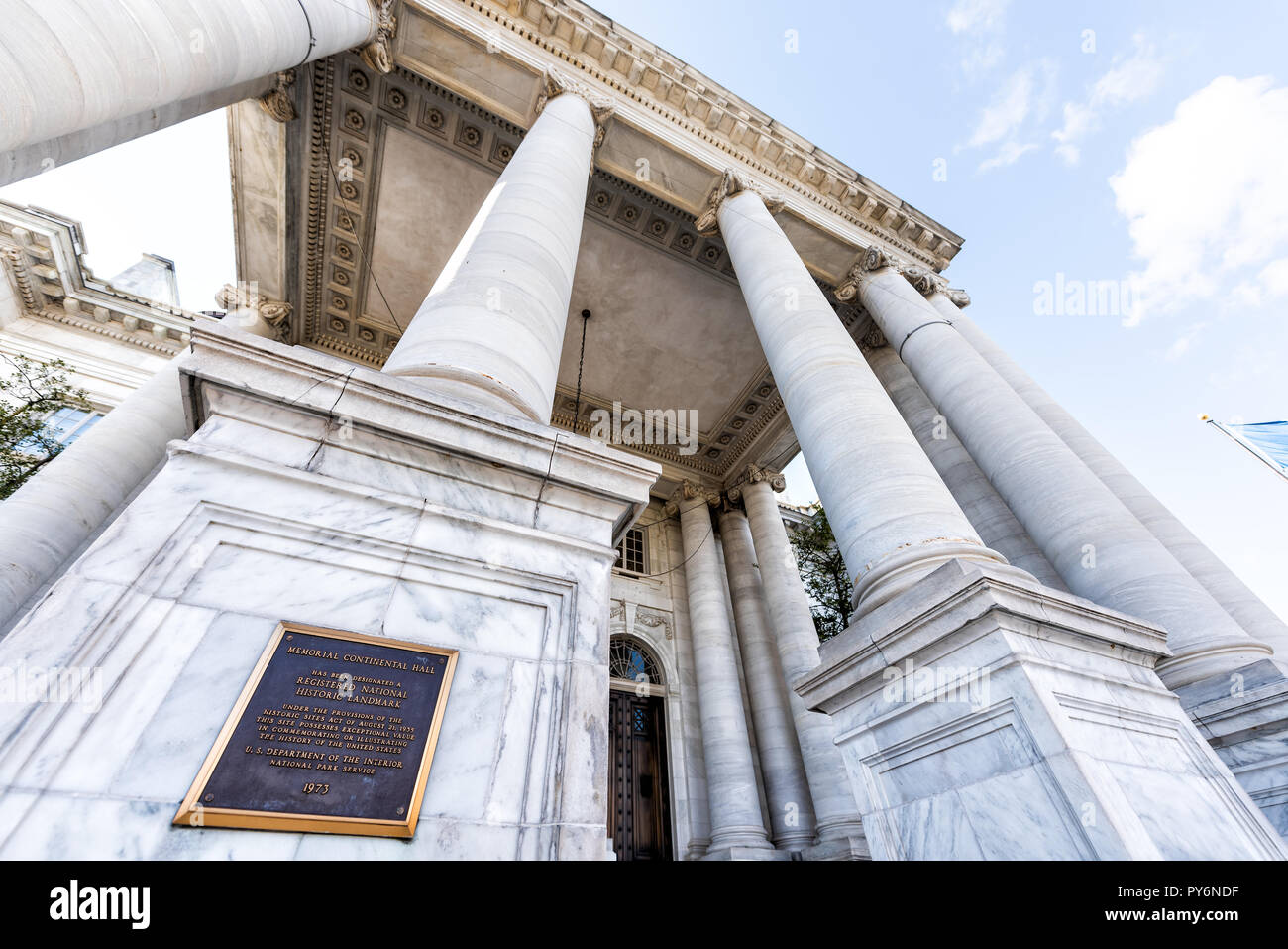Washington DC, USA - March 9, 2018: Memorial Continental Hall sign, entrance by street and building, historic architecture, columns, looking up wide a Stock Photo