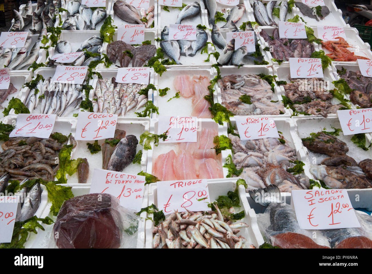 Display of fish for sale in a street market in Naples Stock Photo