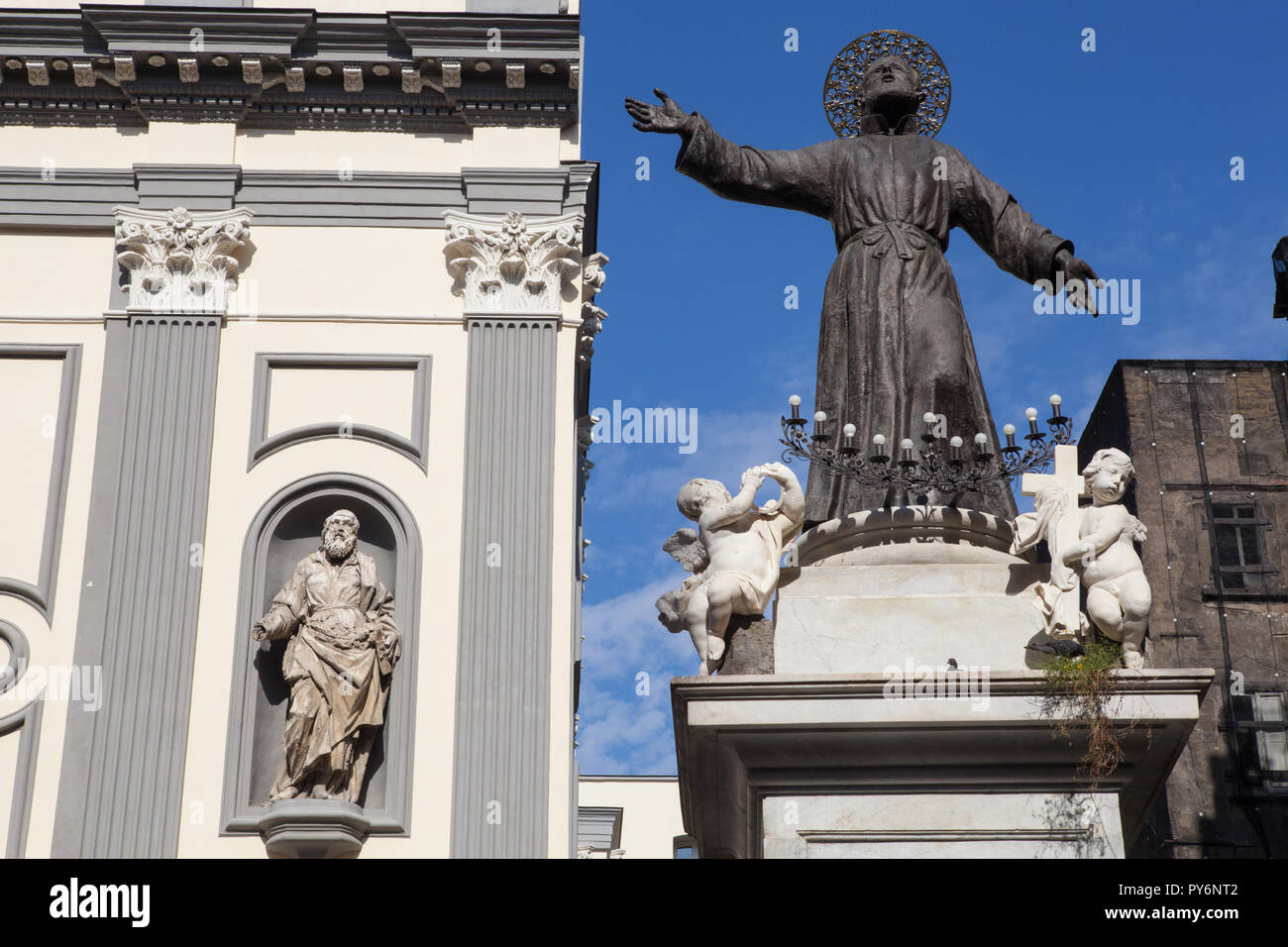 Statue of San Gaetano in front of the Basilica of San Paolo Maggiore in Naples Stock Photo