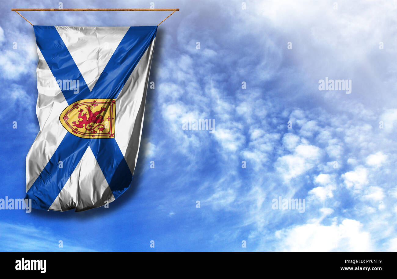 Flag of Nova Scotia. Vertical flag, against blue sky with place for your text Stock Photo