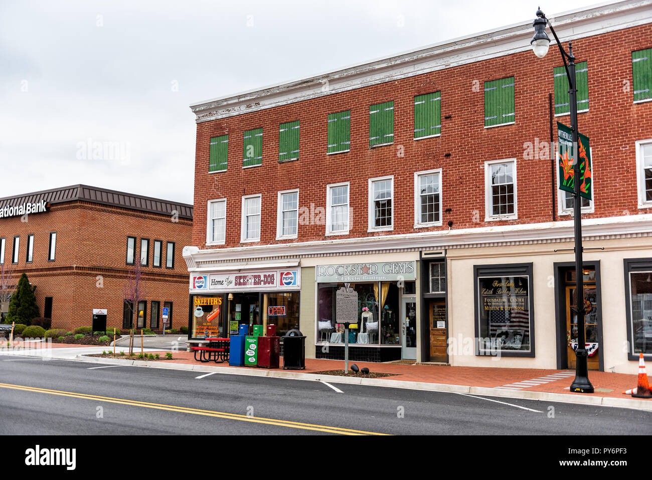 Wytheville, USA - April 19, 2018: Small town village signs for stores, shops, boutiques in southern south Virginia, historic brick buildings Stock Photo