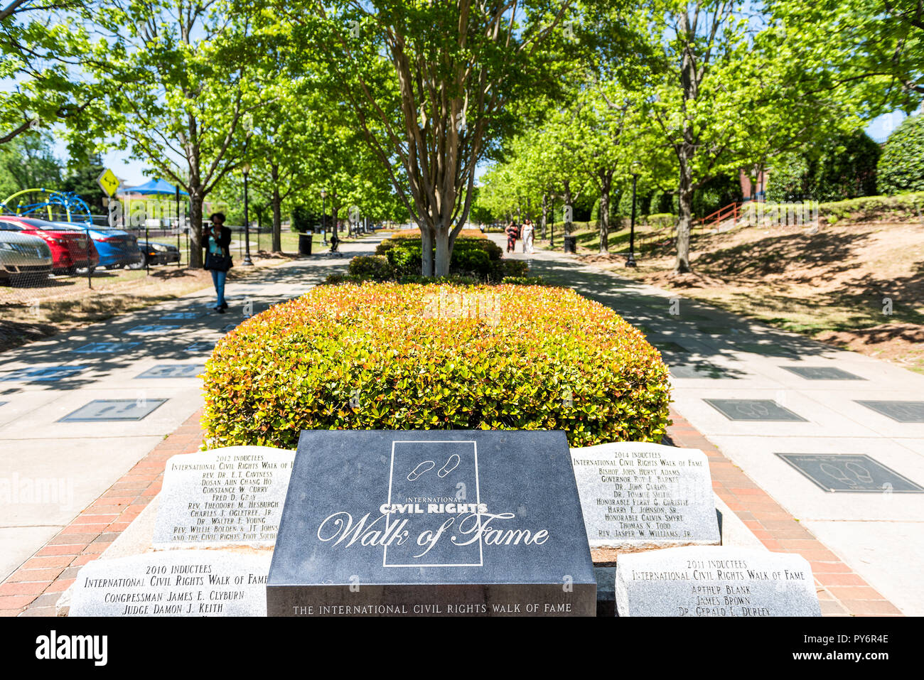 Atlanta, USA - April 20, 2018: Historic MLK Martin Luther King Jr National Park sign of walk of fame in Georgia downtown, green trees in urban city Stock Photo