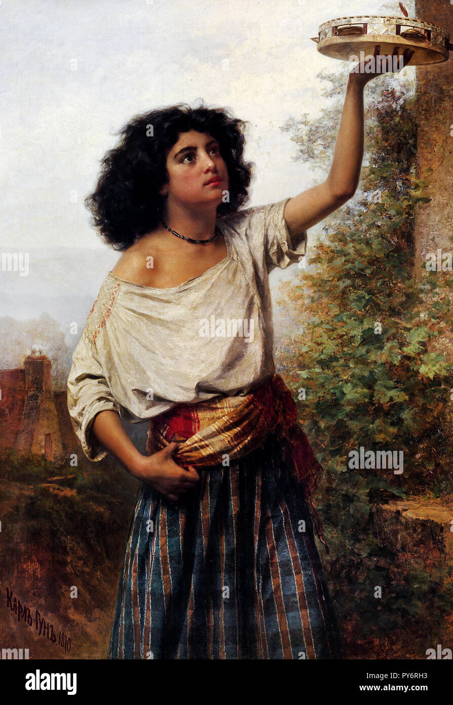 Carl Huns, A Young Gypsy Woman with a Tambourine 1870 Oil on canvas, Latvian Museum of Foreign Art, Riga, Latvia. Stock Photo