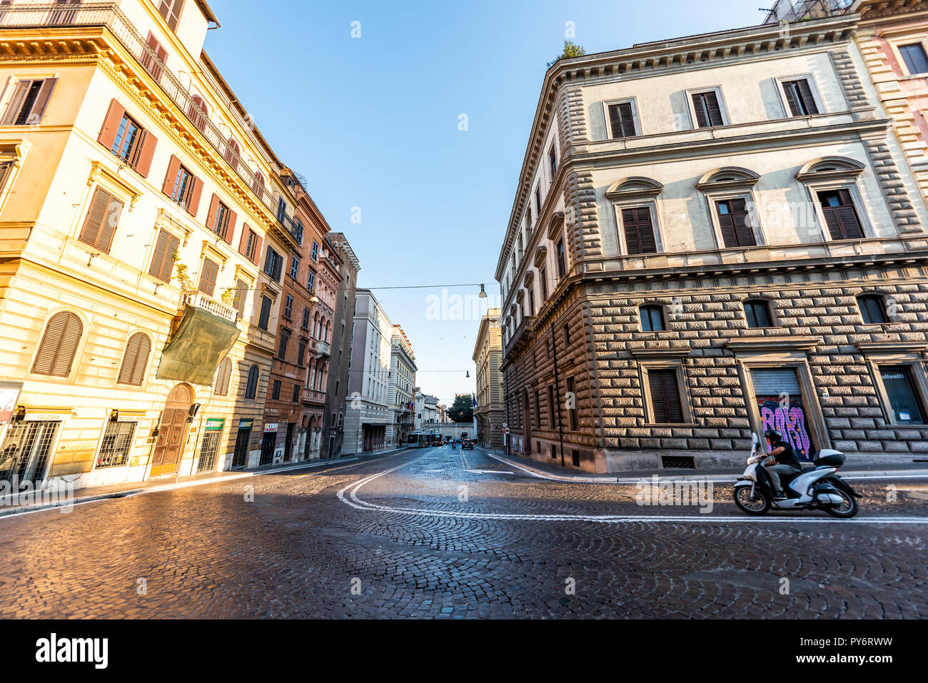 Rome, Italy - September 5, 2018: Italian cobblestone street outside in ...