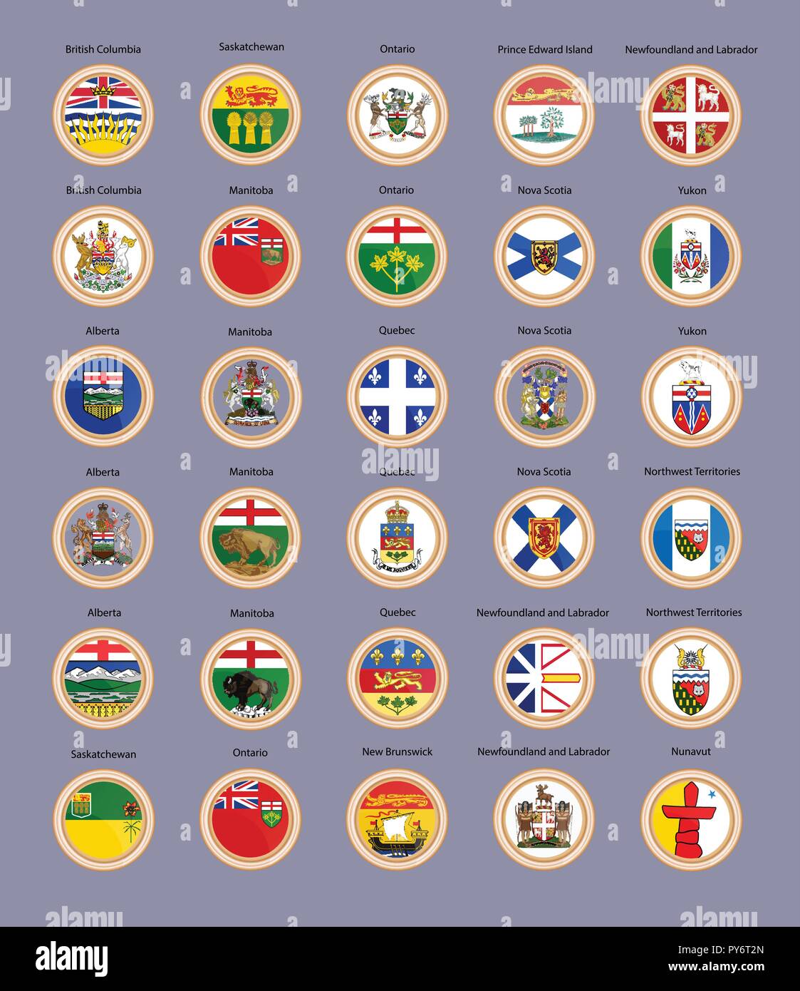 Set of vector icons. Regions of Canada flags and coat of arms. 3D Illustration. Stock Vector
