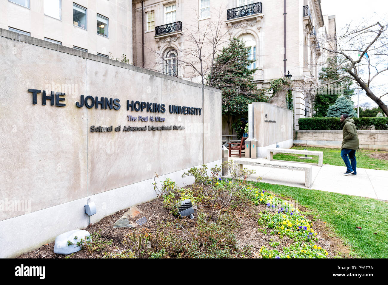 Washington DC, USA - March 9, 2018: Sign, text for School of Advances International Studies building, SAIS at Johns Hopkins University entrance, stude Stock Photo