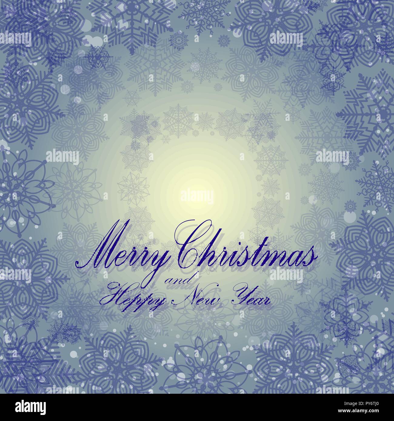 Unusual winter card with Merry Christmas, blue snowflakes. Vector background Stock Vector