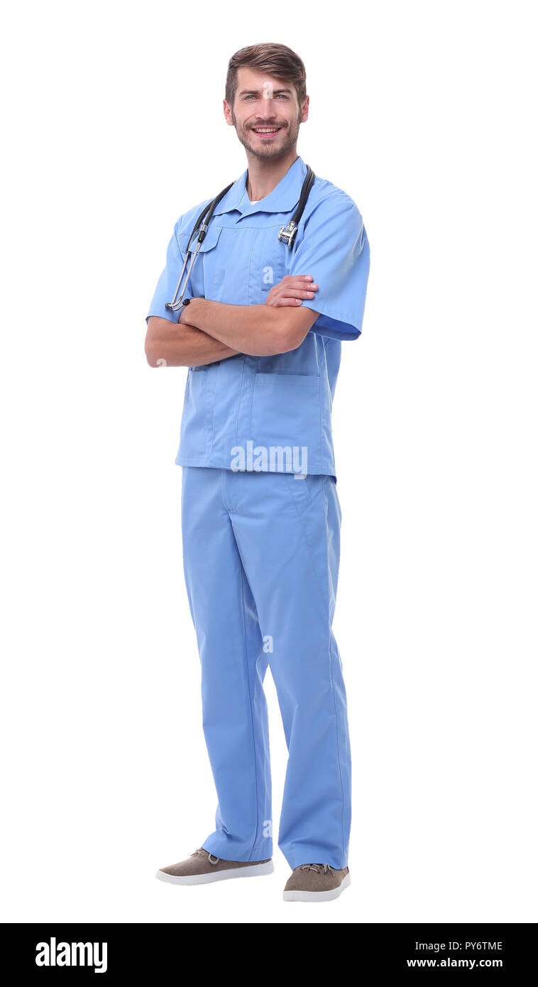 in full growth.portrait of a surgeon with stethoscope. Stock Photo