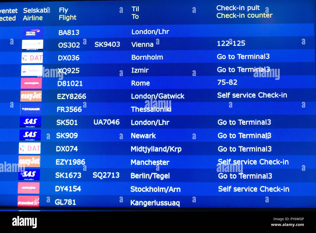 Copenhagen - September 30, 2017: Information board displays directions for the passengers Stock Photo
