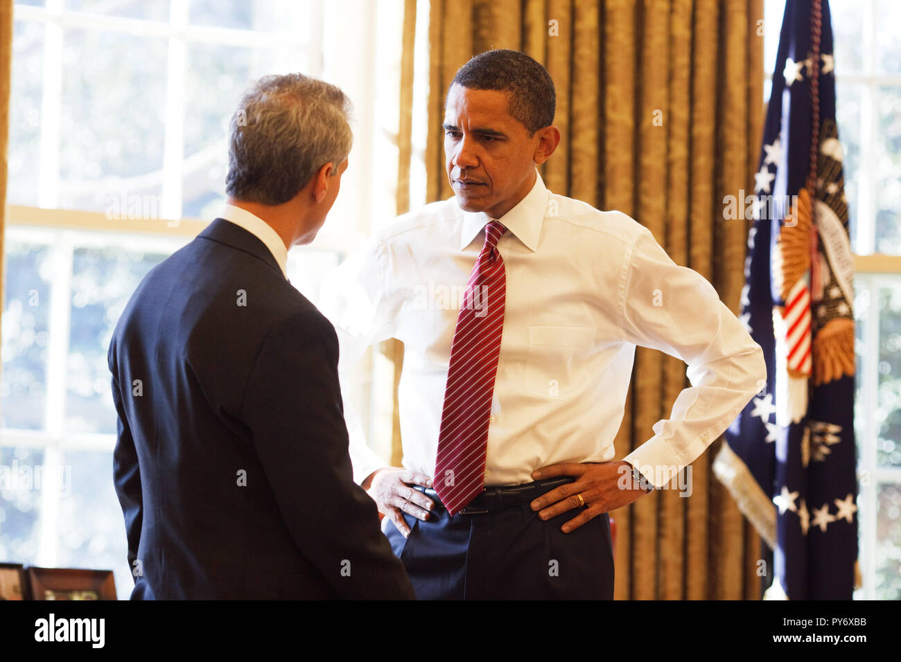 President Barack Obama with Chief of Staff  Rahm Emanuel in the Oval Office 2/5/09.  Official White House Photo by Pete Souza Stock Photo