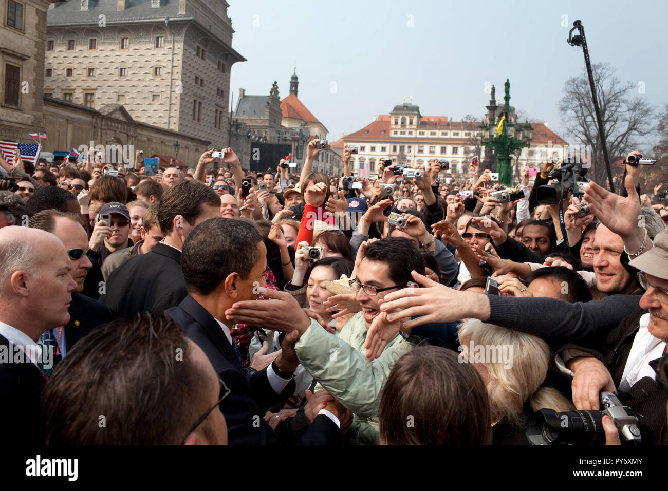 President Barack Obama is greeted by a large crowd following his Prague speech April 5, 2009, in Hradcany Square in Prague, Czech Republic. Official White House Photo by Pete Souza Stock Photo