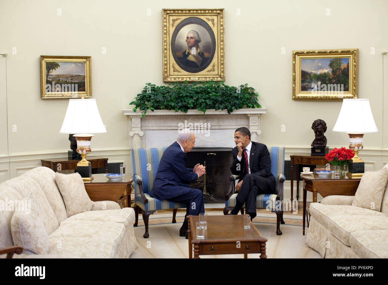 President Barack Obama meets with Israeli President Shimon Peres in the Oval Office Tuesday, May 5, 2009.   Official White House Photo by Pete Souza Stock Photo