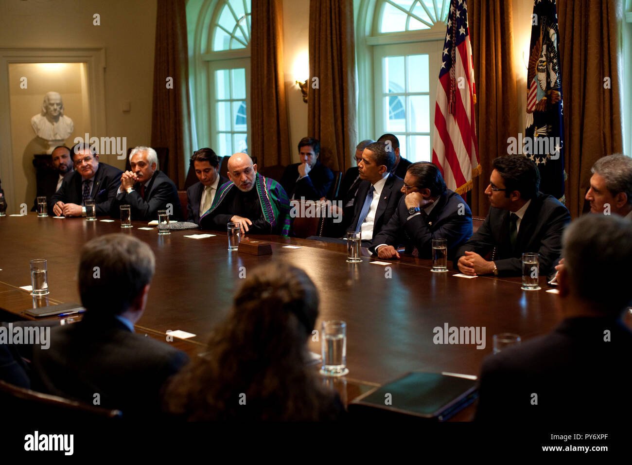 President Barack Obama (center) with Afghan President Karzai and Pakistan President Zardari during a US-Afghan-PakistanTrilateral meeting in Cabinet Room  May 6, 2009. Official White House Photo by Pete Souza Stock Photo