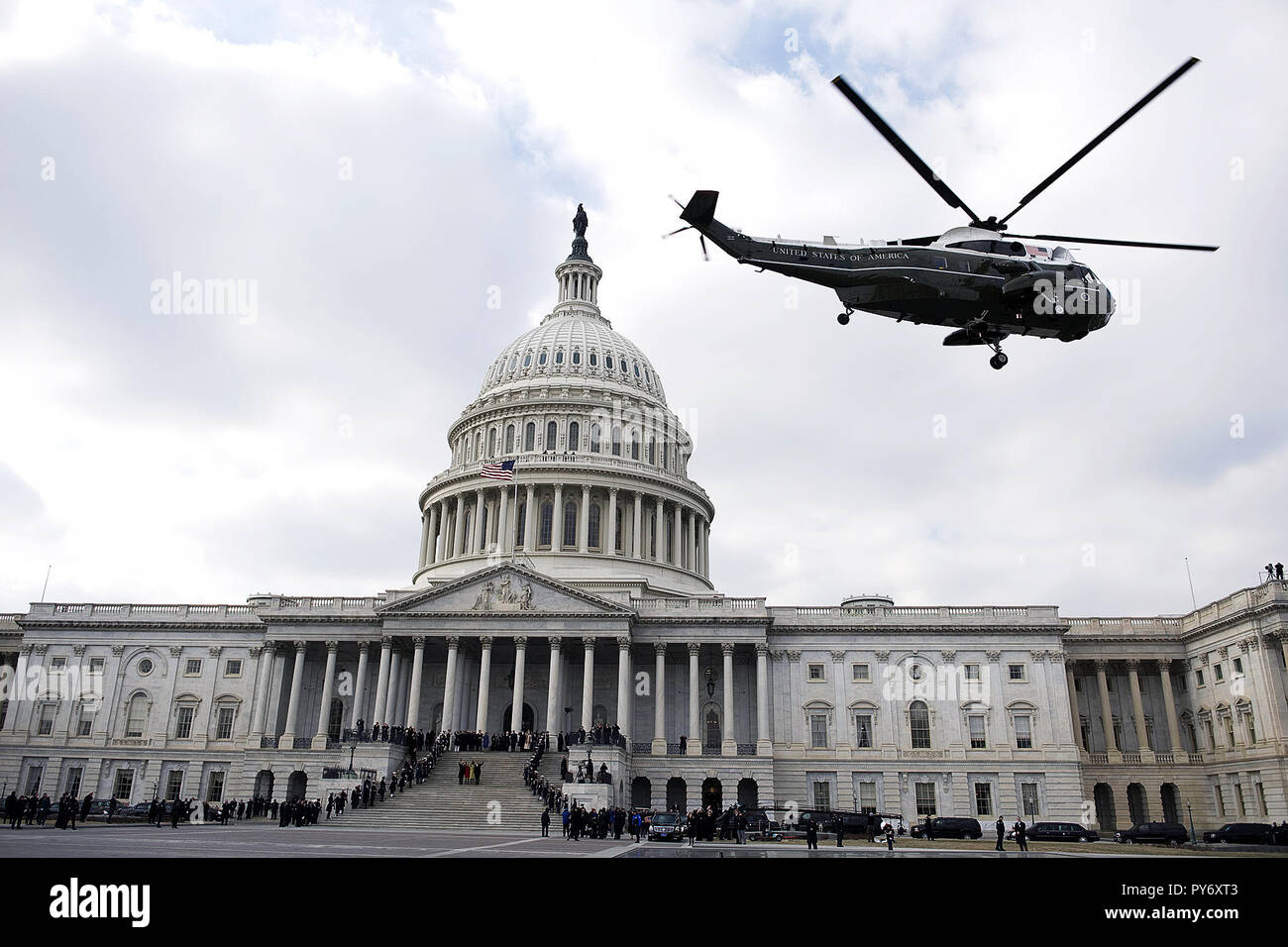 The U.S. Marine Corps helicopter carrying President George W. Bush departs the U.S. Capital Building at the conclusion of inaugural ceremonies for 44th President Barack Obama, Washington, D.C., Jan. 20, 2009.DoD Photo by MC1 Chad J. McNeeley Stock Photo