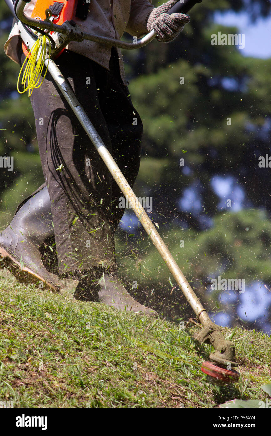 A man working hard to mow the lawn Stock Photo