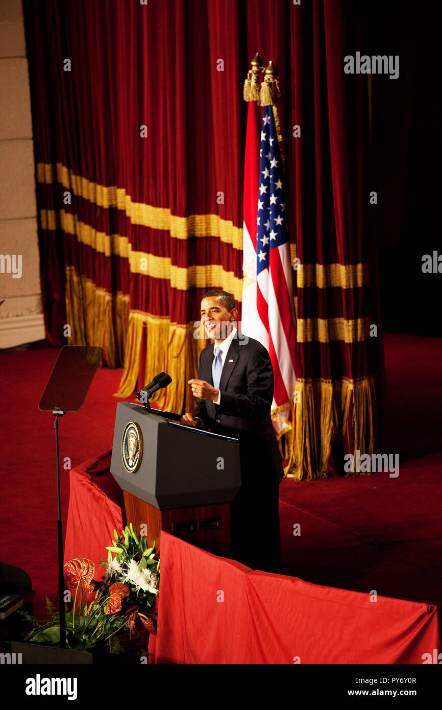 President Barack Obama speaks at Cairo University in Cairo, Thursday, June 4, 2009. In his speech, President Obama called for a 'new beginning between the United States and Muslims', declaring that 'this cycle of suspicion and discord must end'.   Holds a roudtable interview with regional reporters at Cairo University  Official White House Photo by Pete Souza Stock Photo
