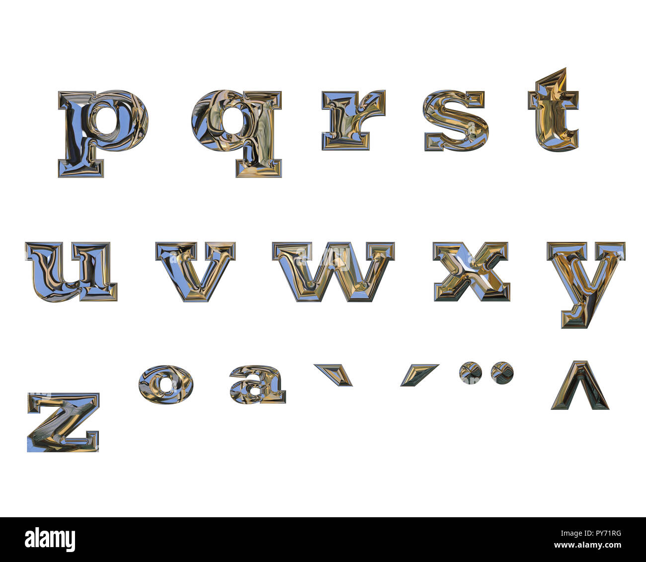 Lowercase letters from 'p' to 'z' and spelling signs, made with liquid chrome effect Stock Photo