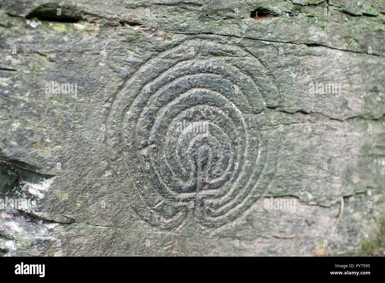 Bronze Age Labyrinth Rock Carvings at Rocky Valley, Between Boscastle and Tintagel, Cornwall UK Stock Photo