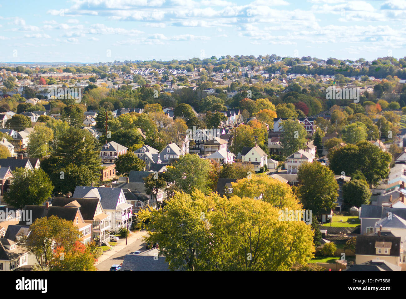 Boston, Massachusetts, (New England) USA, neighborhood houses, street and trees on a sunny day Stock Photo