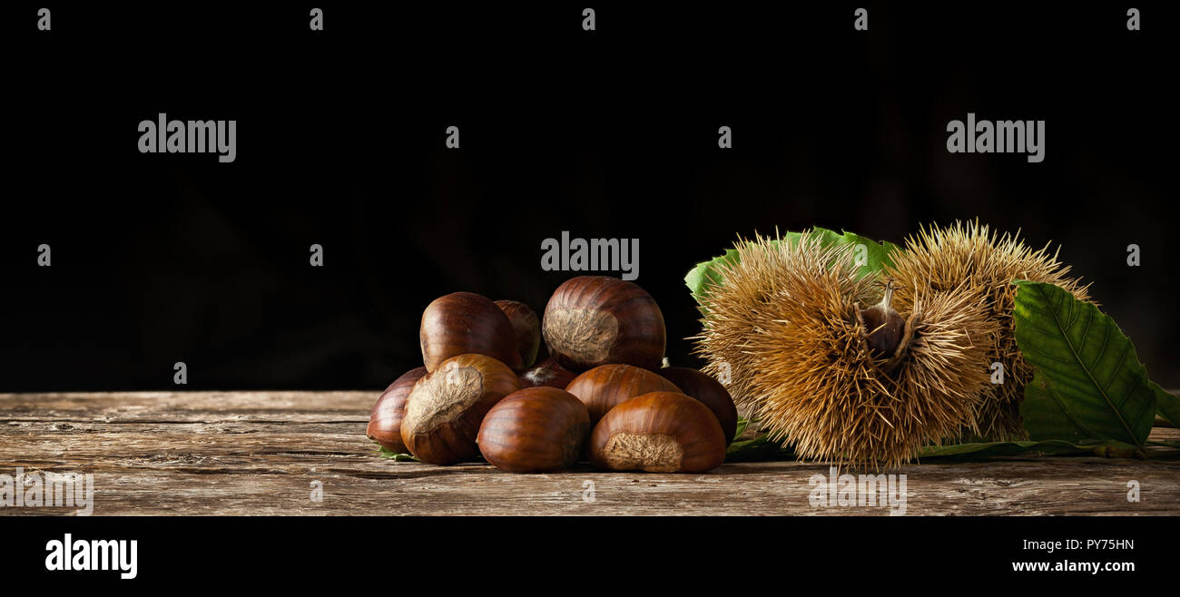 Chestnuts and chestnut bur on wooden table and black background with copy space. Stock Photo