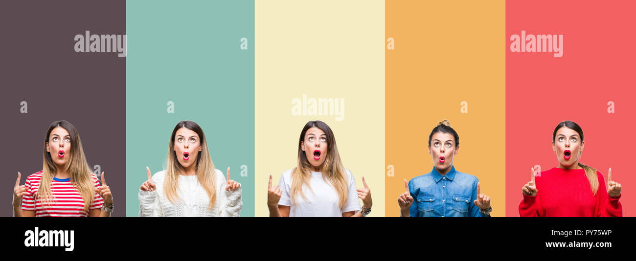 Collage of young beautiful woman over colorful vintage isolated ...