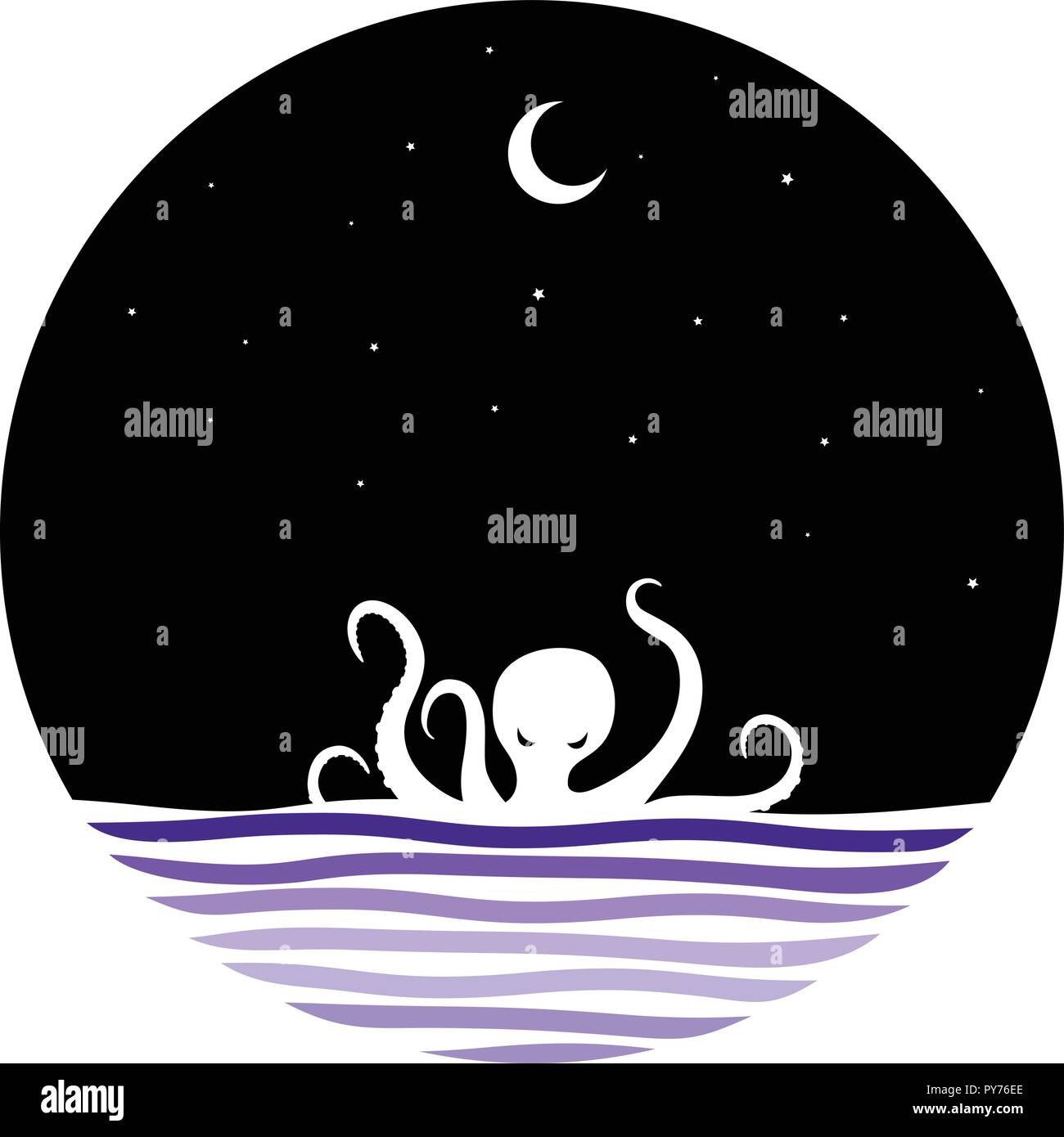 midnight scene giant octopus sign symbol vector art Stock Vector