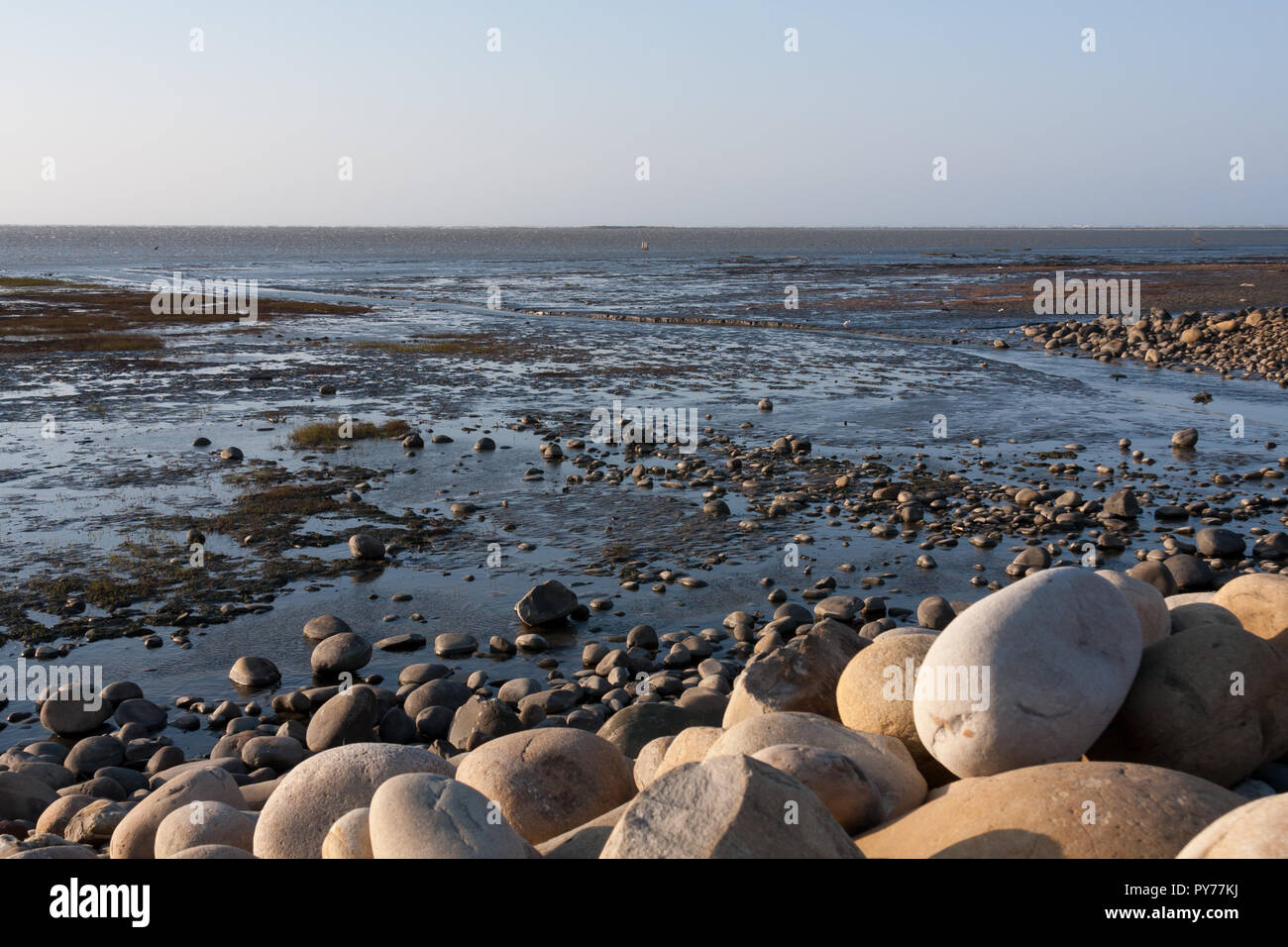 Gaomei Wetlands, shallow seawater over fine dark sands and stones