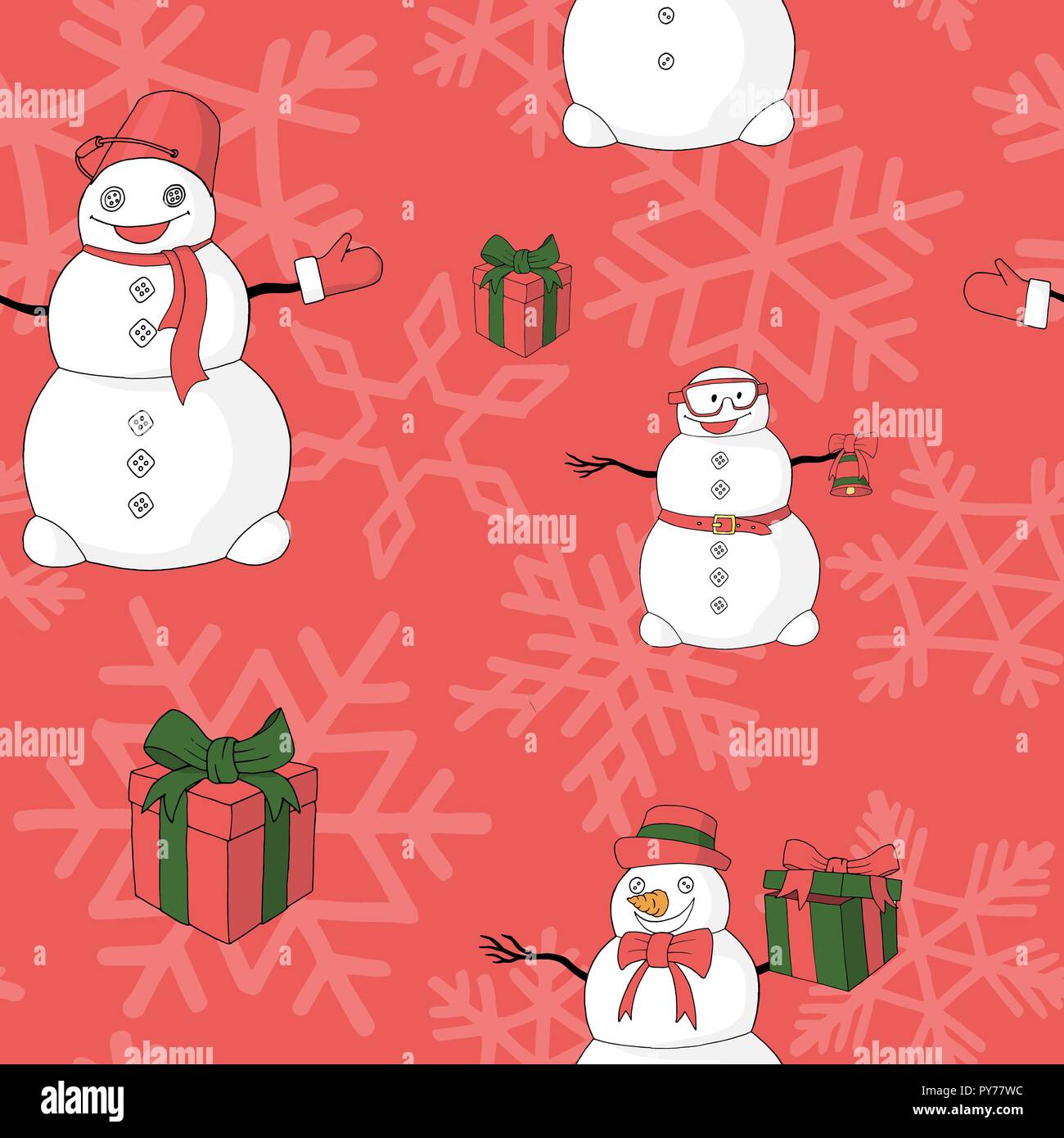Funny snowmans, giftboxes and snowflakes vector pattern Stock Vector