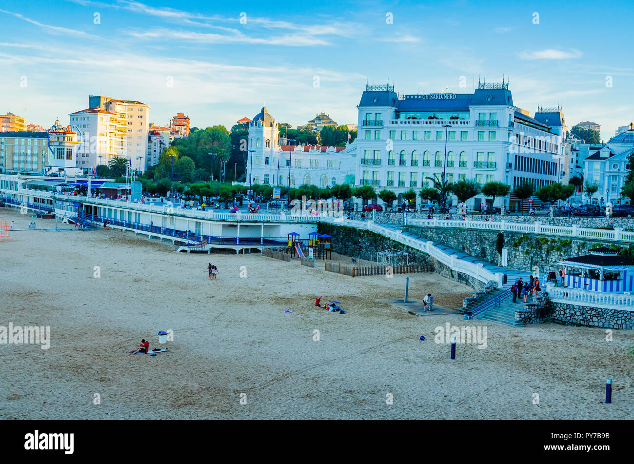 View of the Santander Bay and El Sardinero Beach, with Casino and the Grand Hotel Sardinero in italy' square - Plaza de Italia. Santander, Cantabria,  Stock Photo