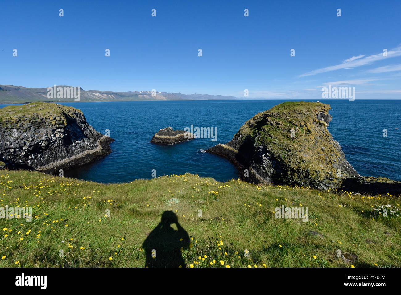 Shoreline and cliffs of basalt rock at Arnarstapi nature reserve seen ...