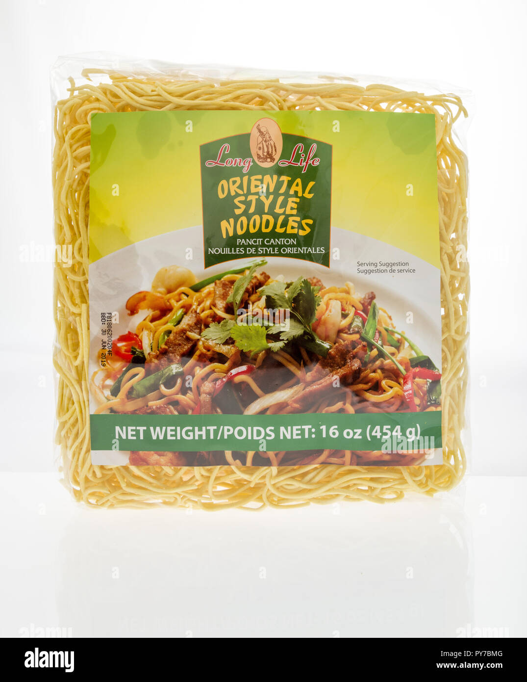 Winneconne, WI - 10 October 2018: A package of  Long Life oriental sytle noodles on an isolated background Stock Photo