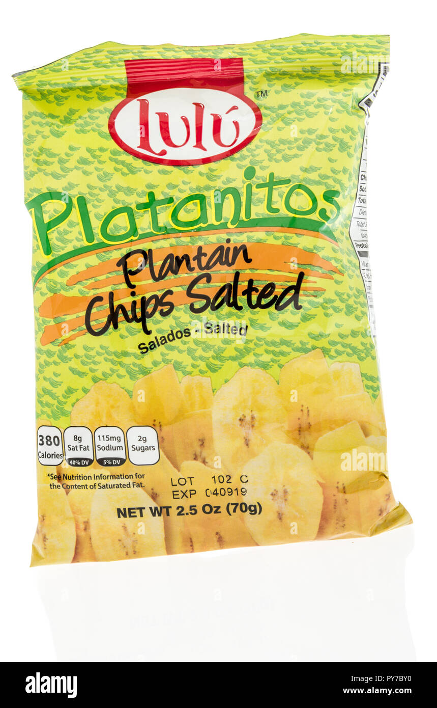 Winneconne, WI - 14 October 2018: A package of  Lulu Platanitos plantain chips salted from Colombia on an isolated background Stock Photo