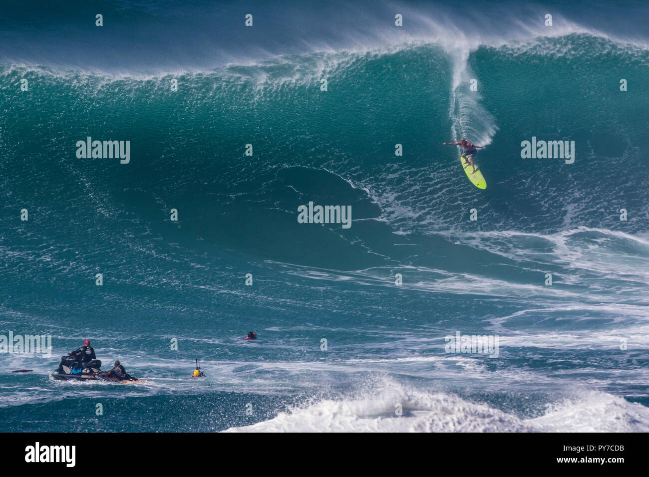 John John Florence at the 2016 Eddie Aikau surf contest. Stock Photo