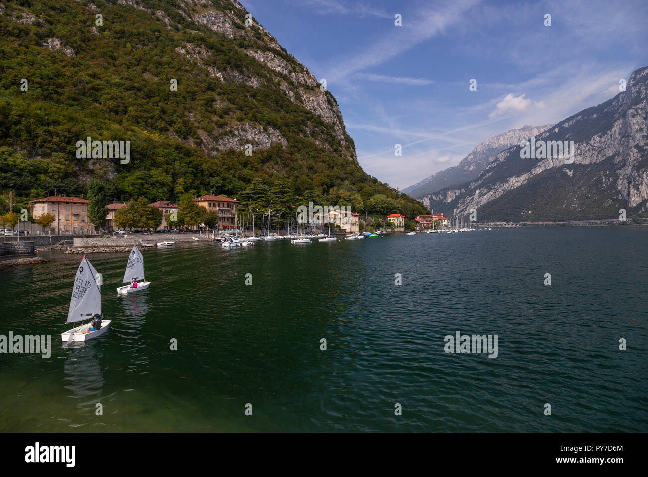 Sailing dinghies at Valmadrera on Lake Como in northern Italy Stock Photo