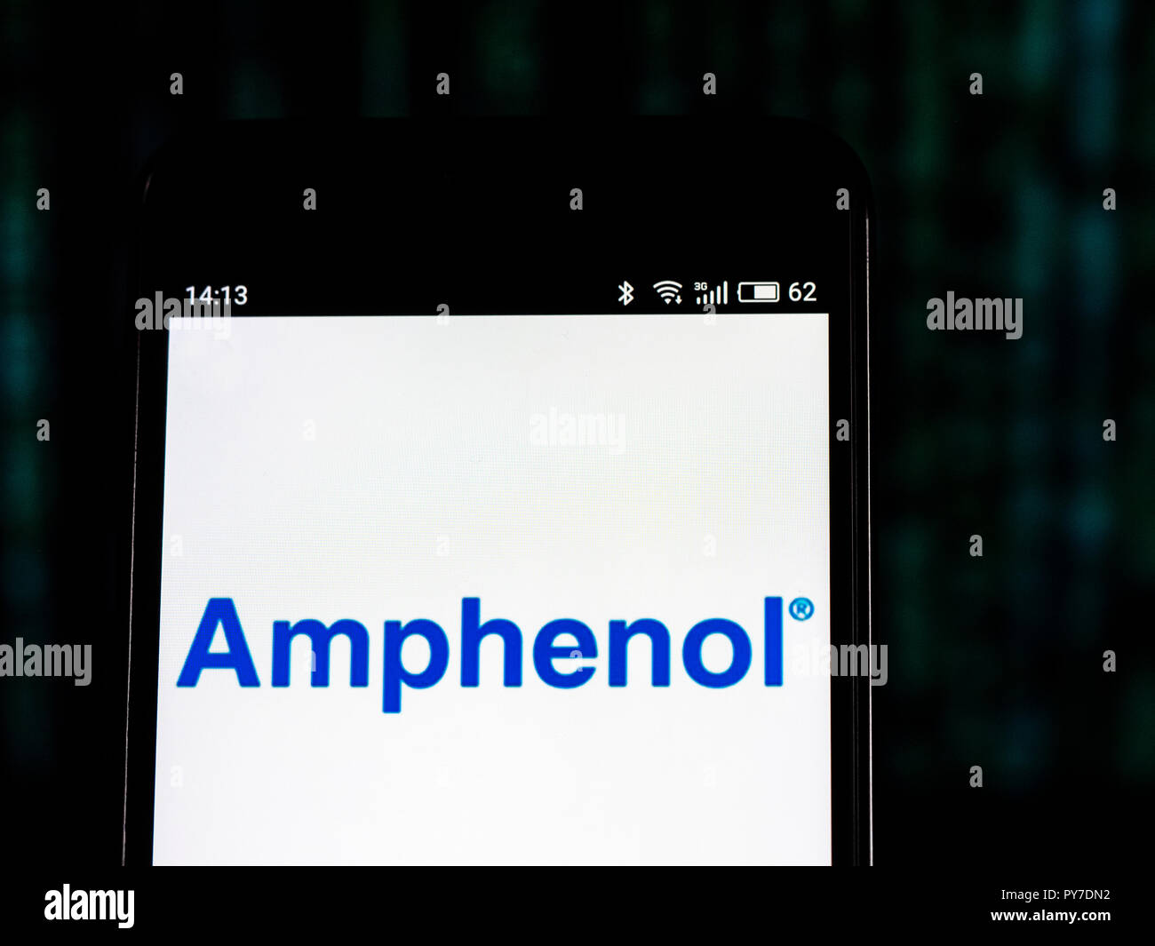Amphenol Fiber optic cable manufacturing company logo seen displayed on smart phone. Amphenol Corporation is a major producer of electronic and fiber optic connectors, cable and interconnect systems such as coaxial cables. Stock Photo