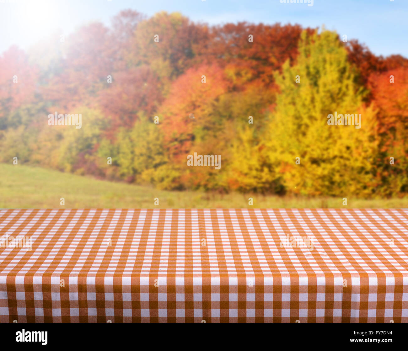 Empty wooden deck table with autumn background. Ready for product ...