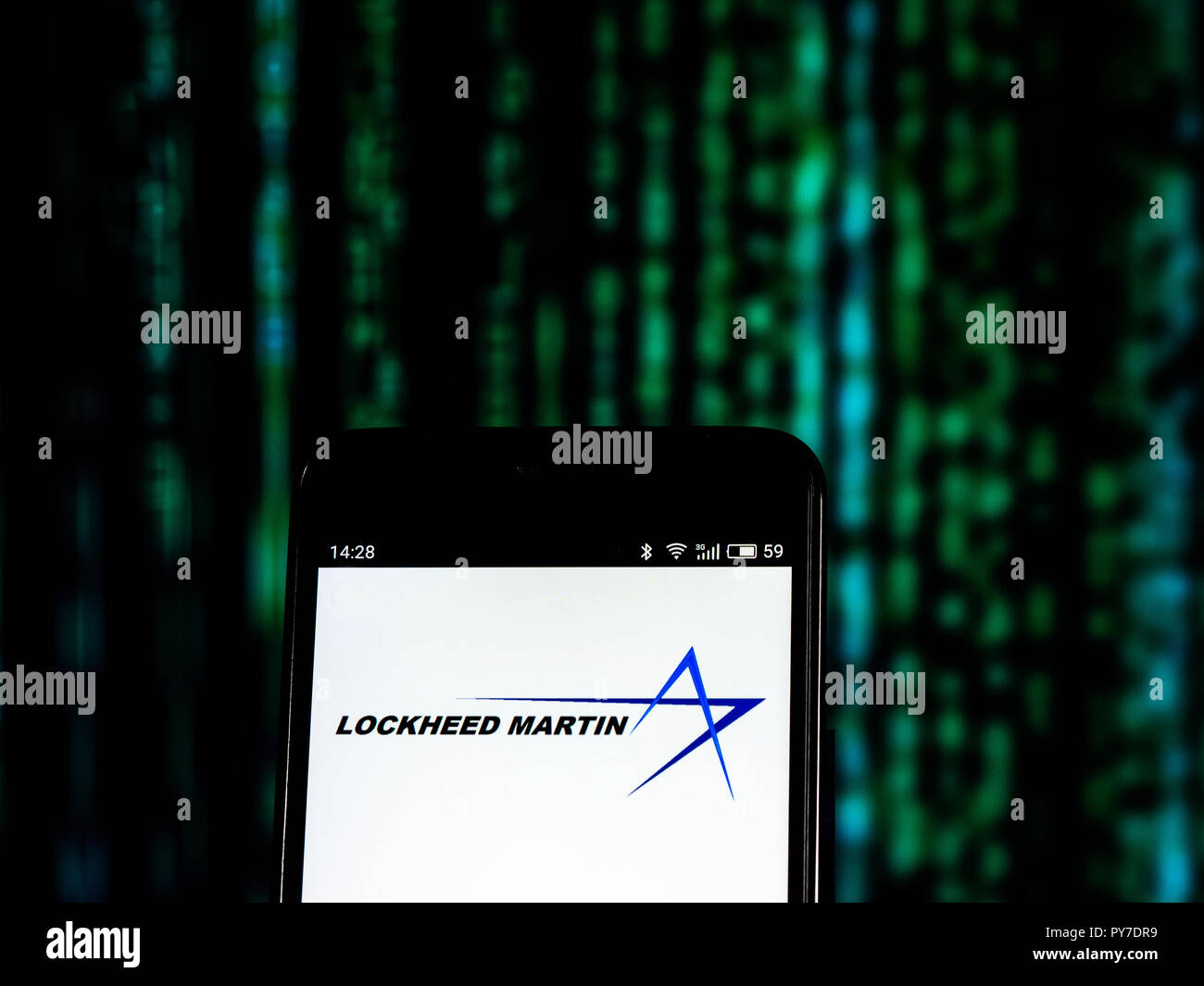 Lockheed Martin Aerospace and defense company logo seen displayed on smart phone. Lockheed Martin Corporation is an American global aerospace, defense, security and advanced technologies company with worldwide interests. Stock Photo