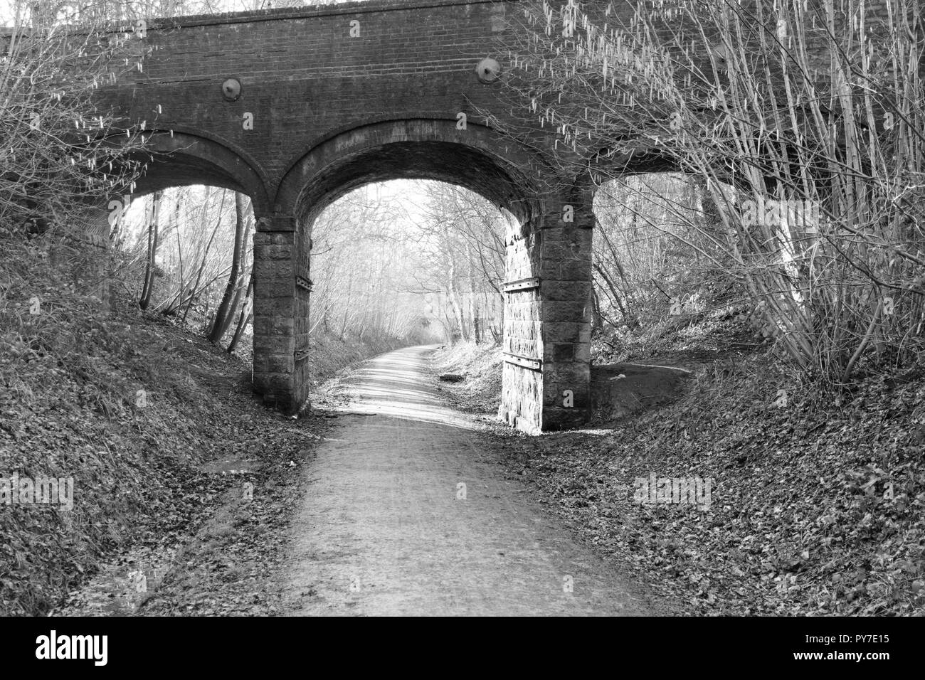 Black and white 19th century bridge over the Worth Way in West Sussex, a disused railway. Stock Photo