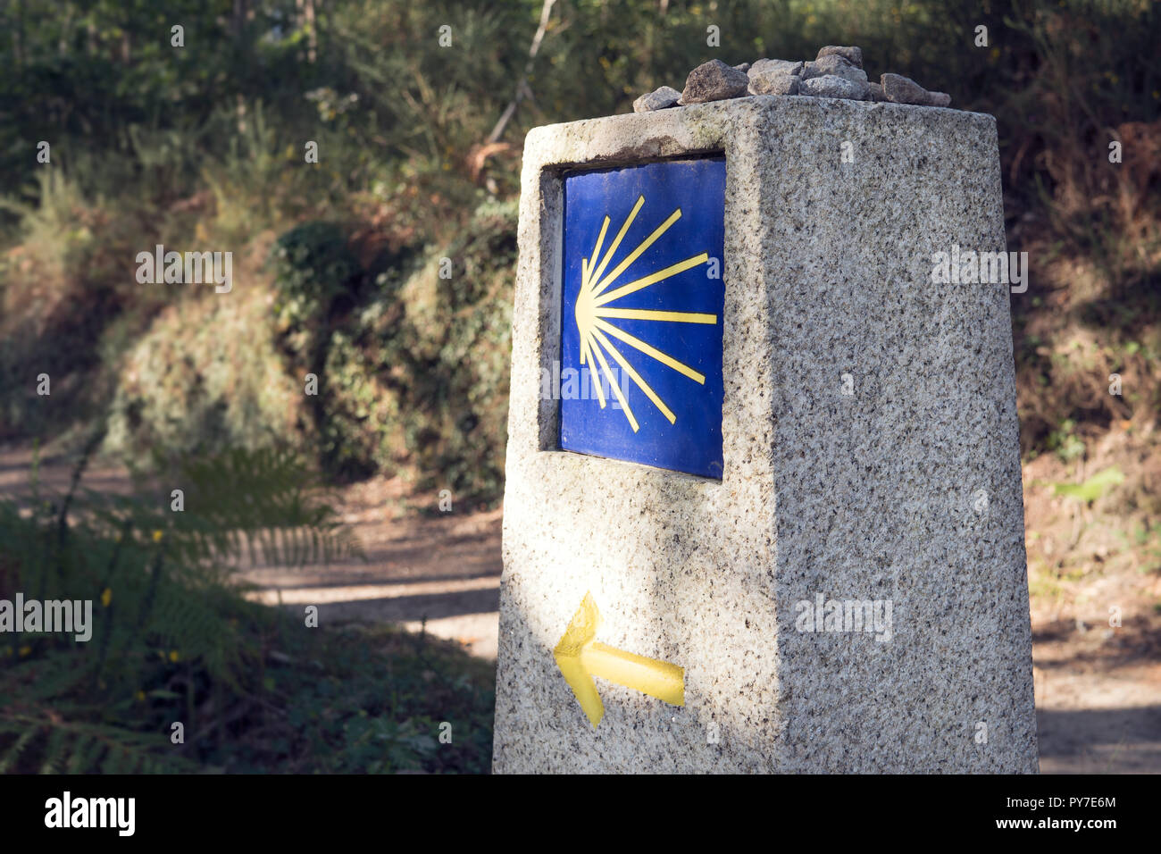 Camino de Santiago milestone with blurred path. Way of St. James signs ...