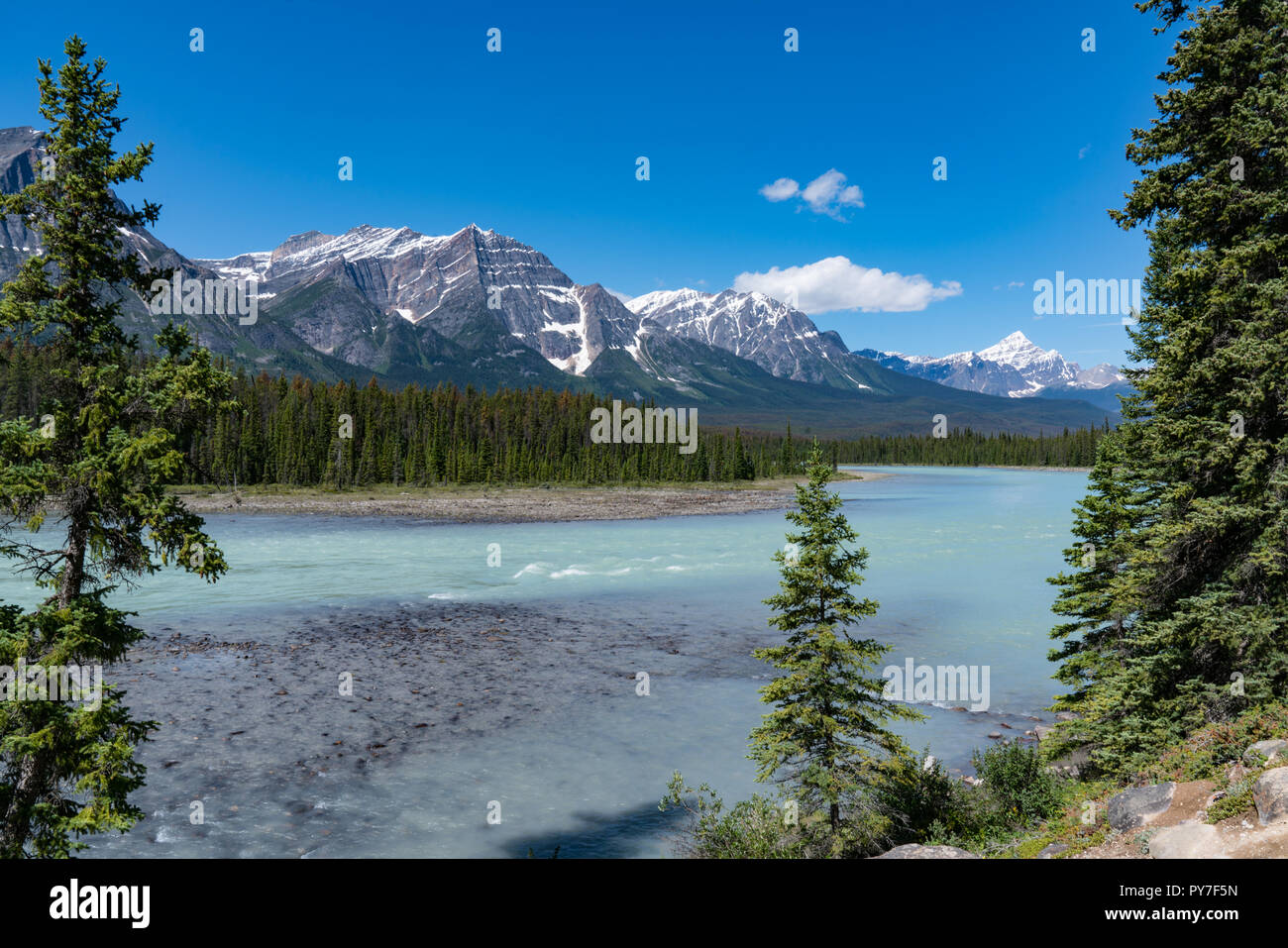 Along the turquoise water of the Bow River in Jasper National Park, Alberta, Canada Stock Photo
