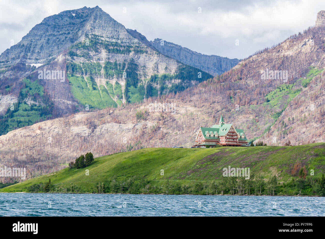 WATERTON, CANADA - JULY 1, 2018: The historic Prince of Wales Hotel in Waterton Lakes National Park, was built in 1927 Stock Photo