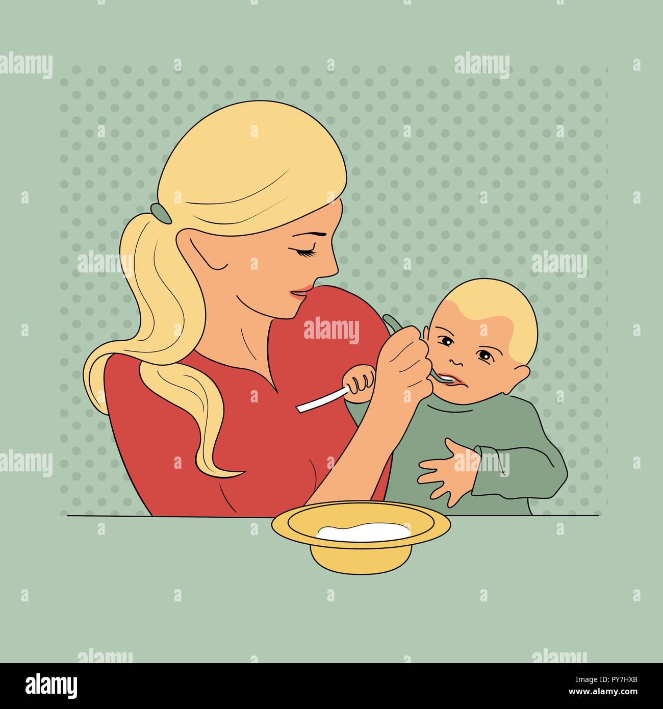 Mother feeding her baby by spoon, isolate vector stock. | CanStock