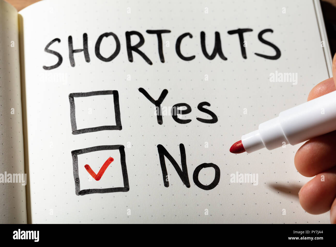 A Person Holding Marker Over Notebook With Shortcuts Word Showing Yes And No Option Stock Photo