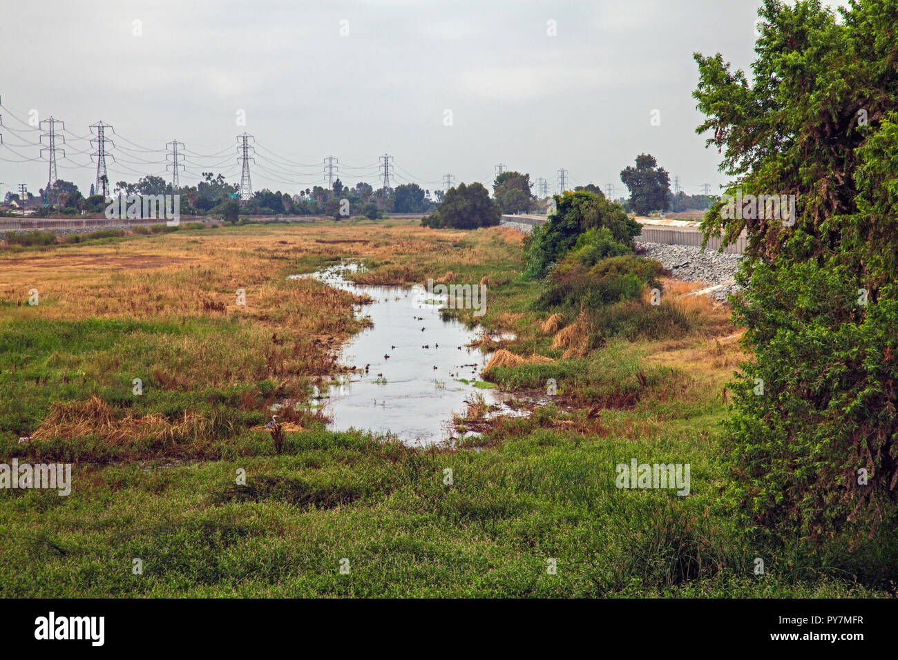 Tertiary-treated recycled water from the San Jose Creek Water Reclamation Plant is diverted to the unlined San Gabriel River for infiltration into the Stock Photo