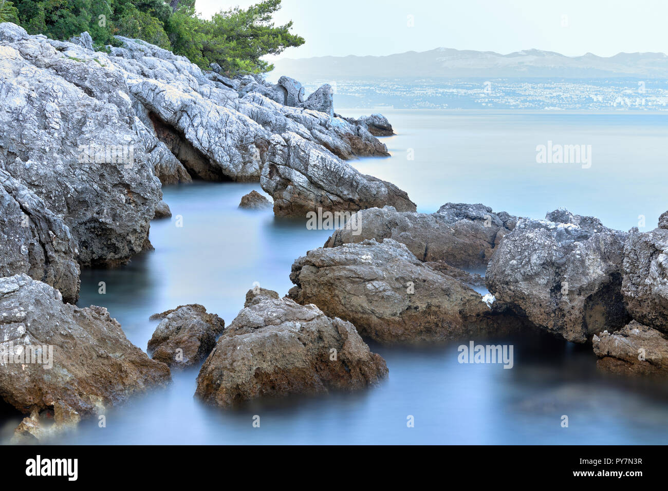 Coasatal rocks in Moscenicka Draga, Istria, Croatia Stock Photo