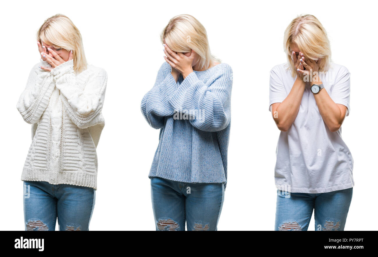 Collage of beautiful blonde woman wearing winter sweater over isolated background with sad expression covering face with hands while crying. Depressio Stock Photo